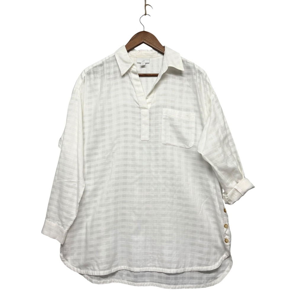 J. Jill Tunic Womens M White Cotton Tonal Check Side Button Split Neck Roll Tab‎